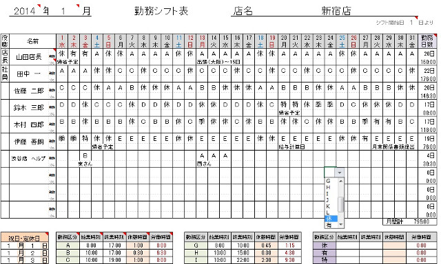 シフト表の例